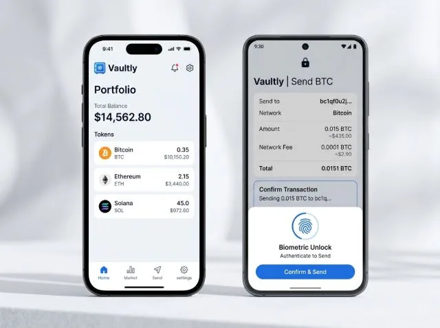 Mobile crypto trading app screens showing order entry and portfolio