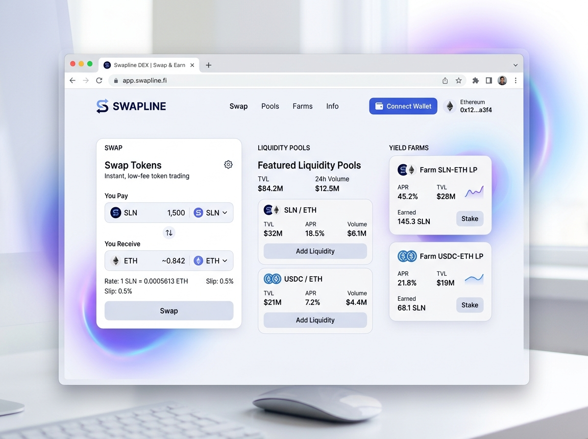 DEX interface showing liquidity pools, swap routing and position risk