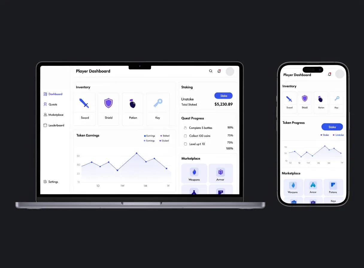 Game economy dashboard showing asset supply, rewards and market resolution