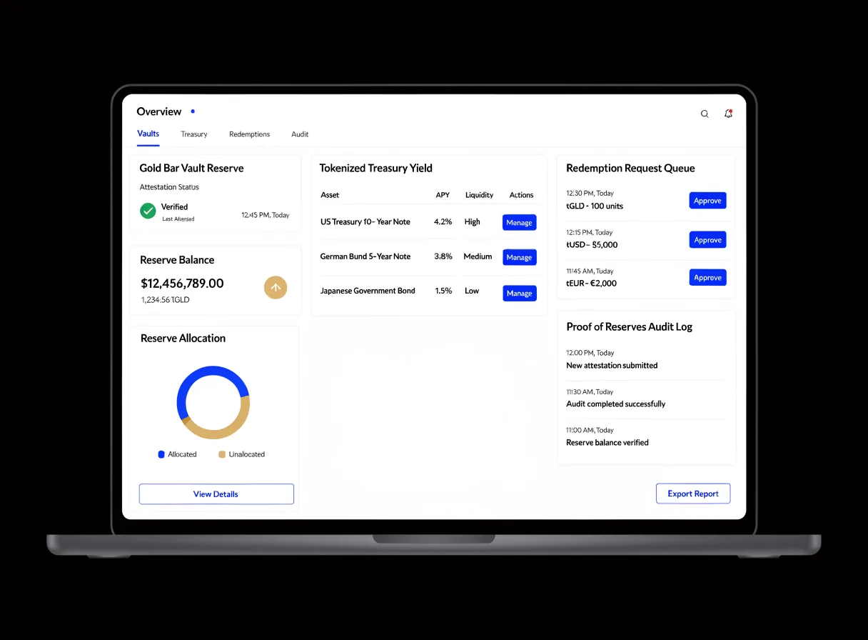 Gold tokenization platform showing vault reserve attestation, token supply reconciliation and redemption queue