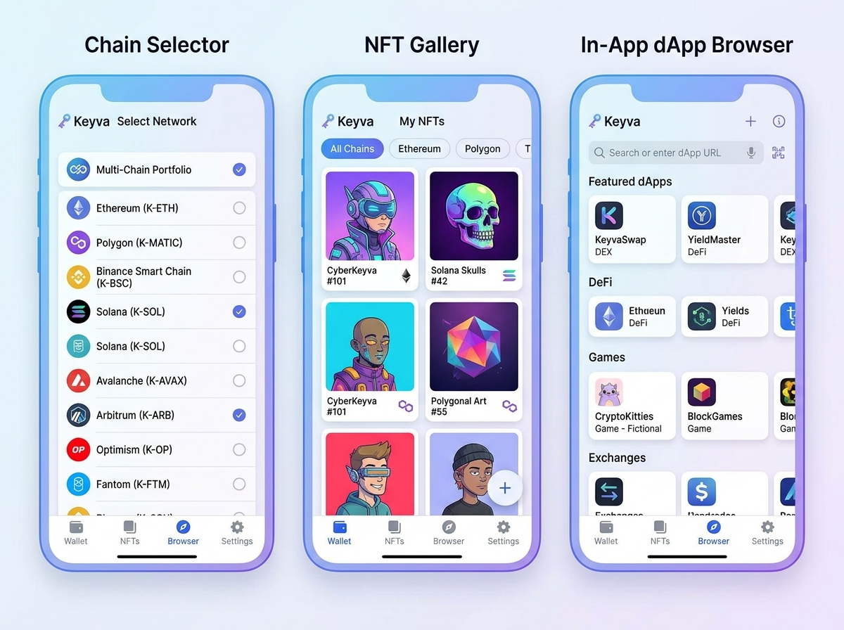 Non-custodial multi-chain wallet app with chain selector, NFT gallery and dApp browser