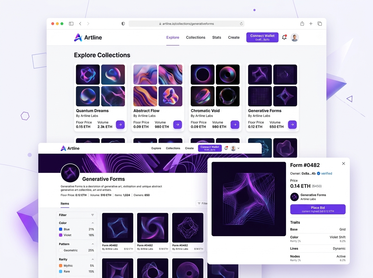 NFT marketplace showing collection grid, listings and creator minting