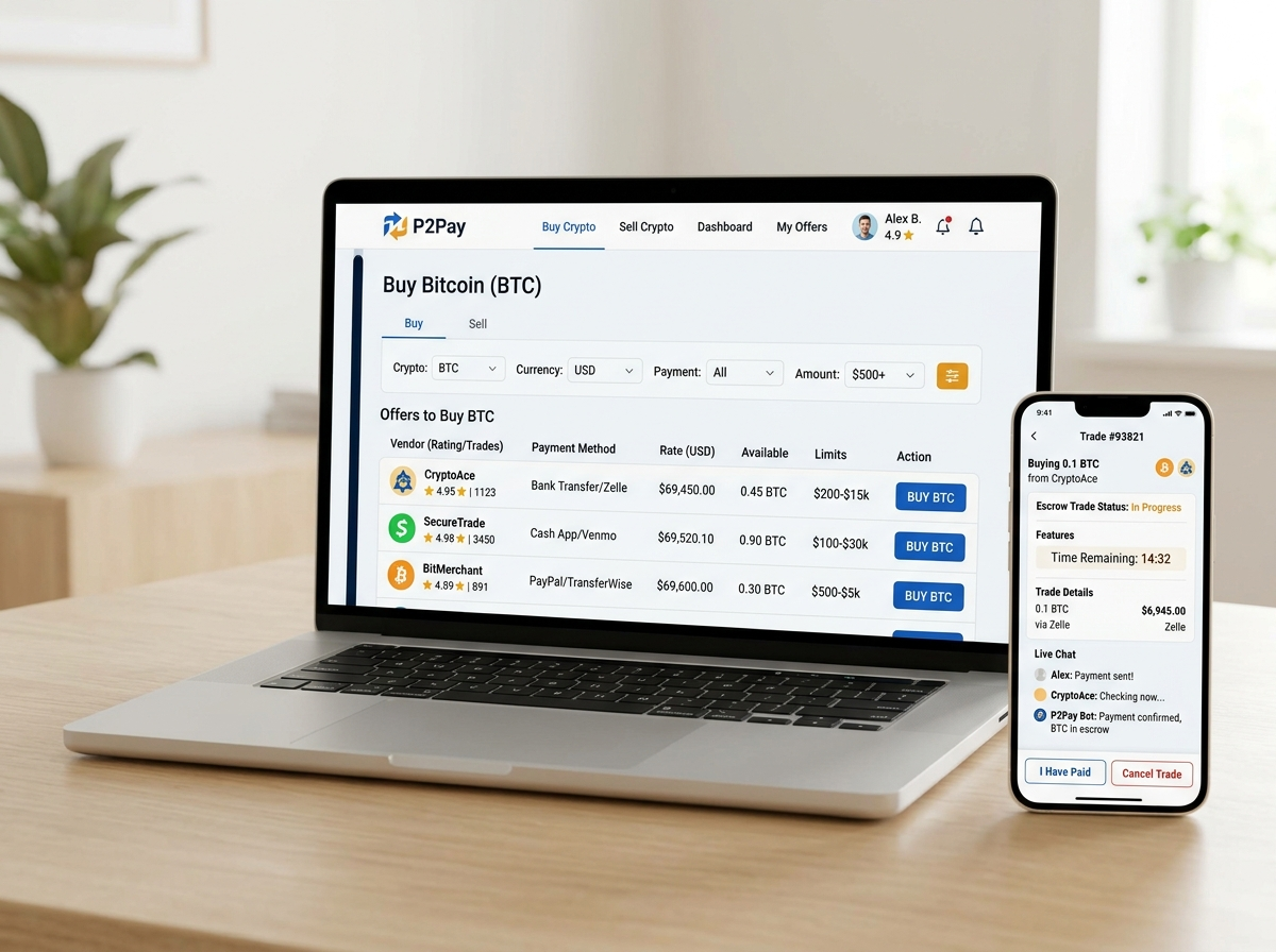 P2P crypto marketplace with offer list and escrow-protected trade view