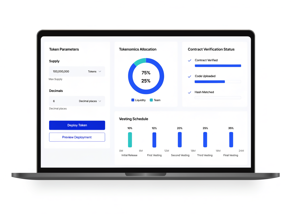 Token deployment dashboard showing supply, vesting and contract verification