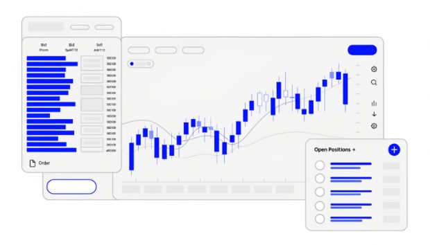 Crypto trading terminal showing candlestick chart, order book depth and open positions
