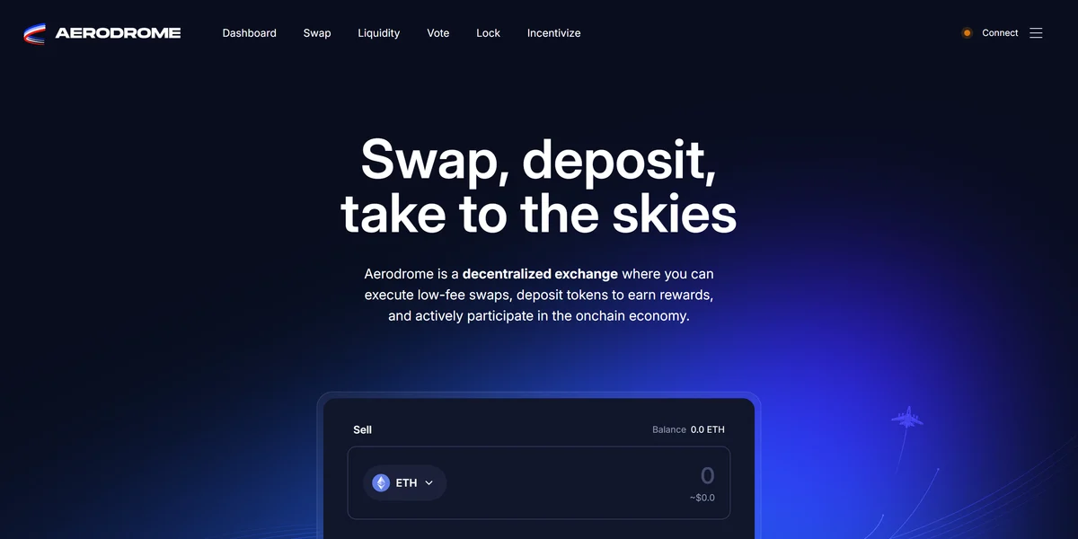 Aerodrome Finance homepage, the main decentralized exchange on Base
