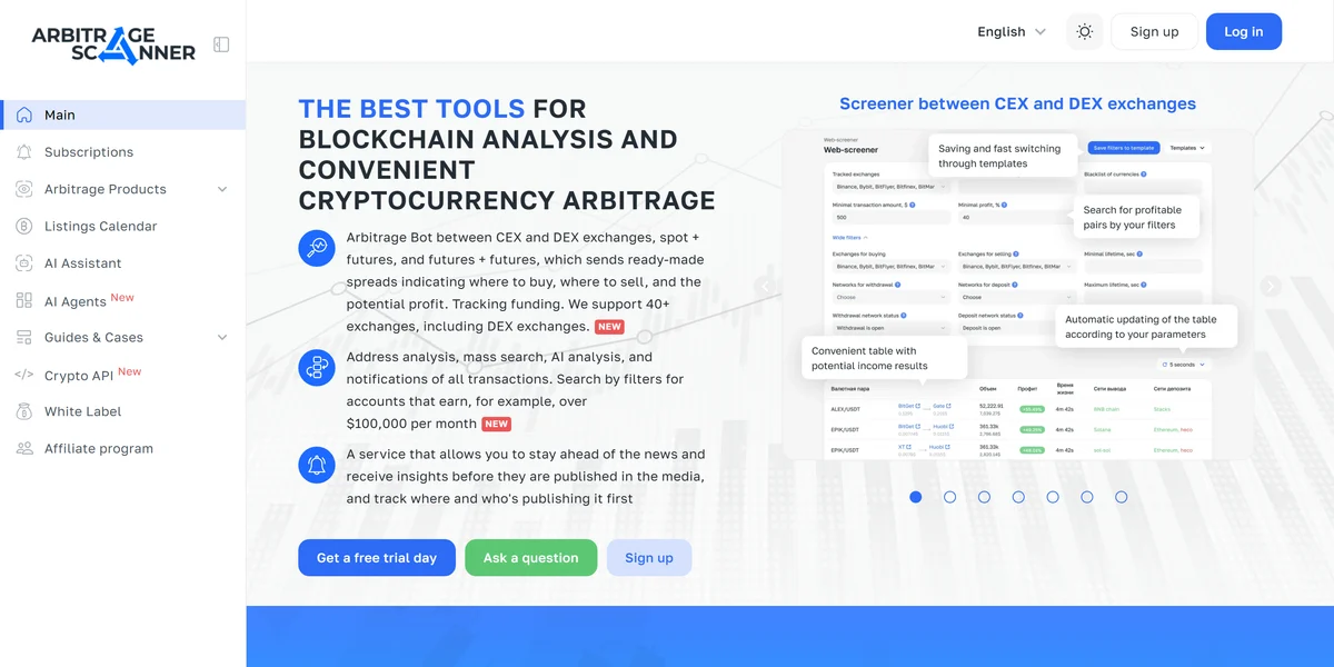 ArbitrageScanner homepage, a crypto arbitrage scanner for CEX and DEX price gaps