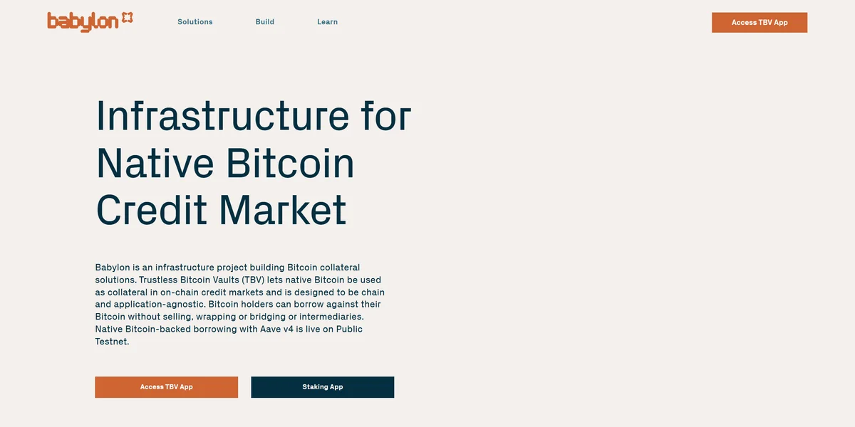 Babylon homepage, a Bitcoin staking platform that stakes native BTC without wrapping