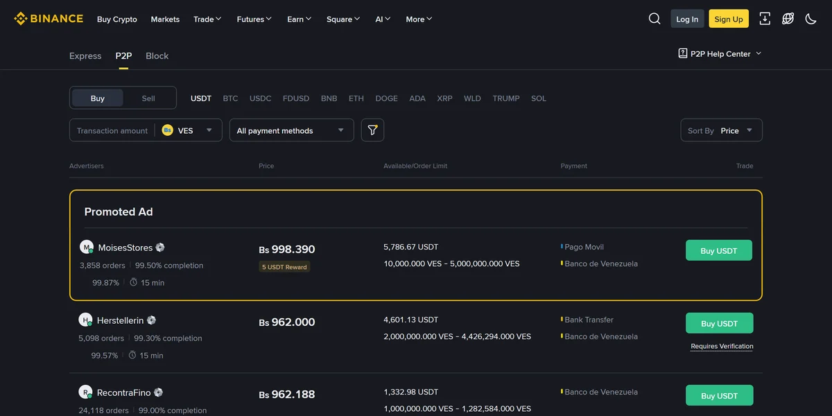Binance P2P homepage in 2026, one of the top P2P crypto exchanges compared in this guide