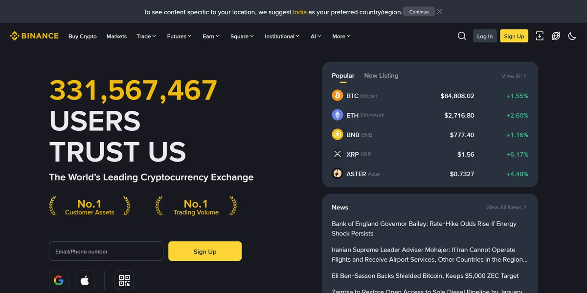 Binance homepage, home of the Smart Arbitrage crypto arbitrage bot