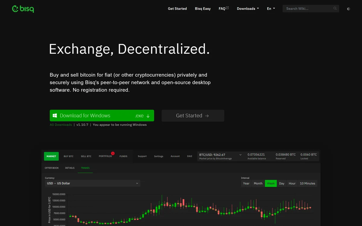 Bisq homepage in 2026, one of the top P2P crypto exchanges compared in this guide