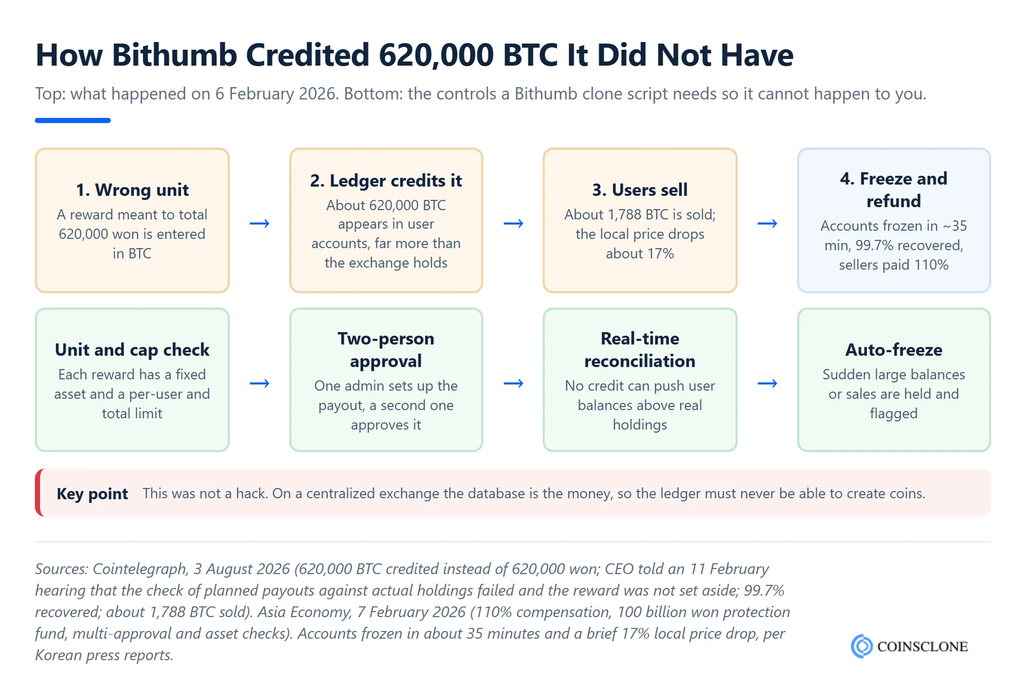 Flow diagram of how Bithumb's February 2026 promotion error credited 620,000 BTC that did not exist, and the four ledger controls a Bithumb clone script needs to stop it