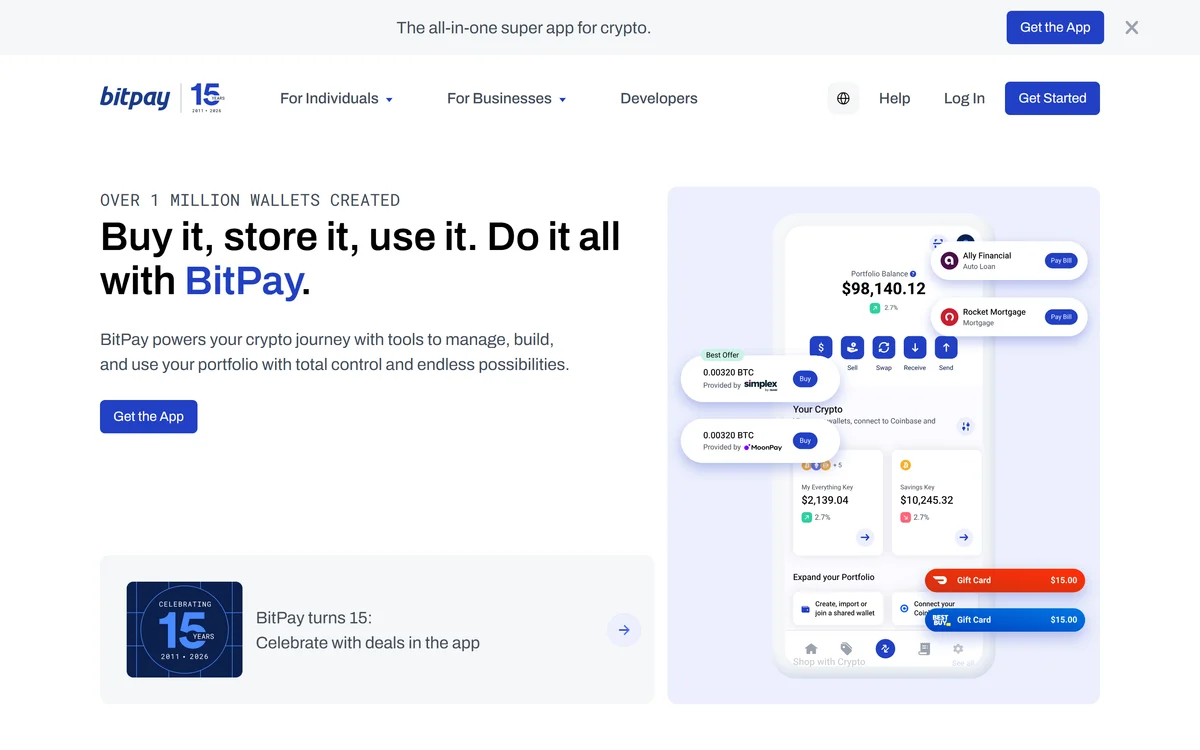 BitPay homepage in 2026, one of the best crypto payment gateways compared in this guide