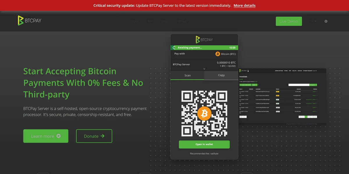 BTCPay Server homepage in 2026, one of the best crypto payment gateways compared in this guide