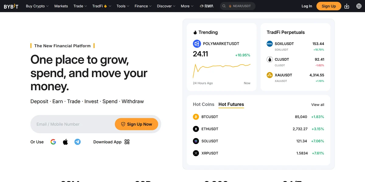 Bybit homepage, a derivatives-focused app like Binance