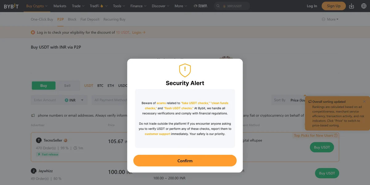 Bybit P2P homepage in 2026, one of the top P2P crypto exchanges compared in this guide