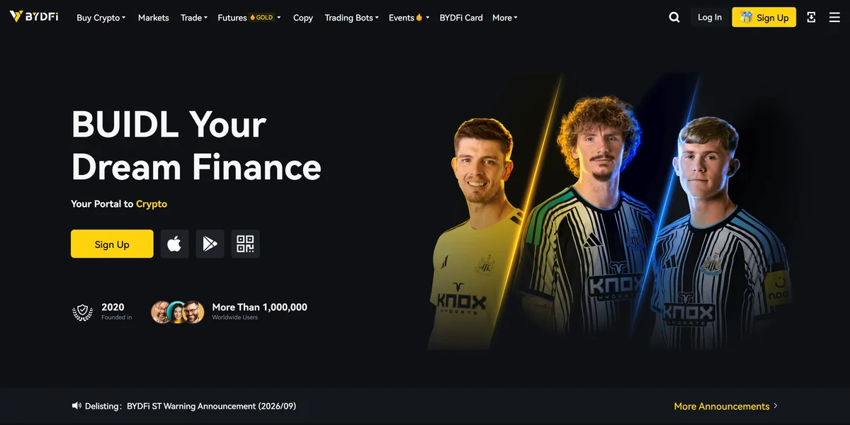 BYDFi homepage in 2026, one of the platforms listed as non-KYC crypto exchanges in this guide