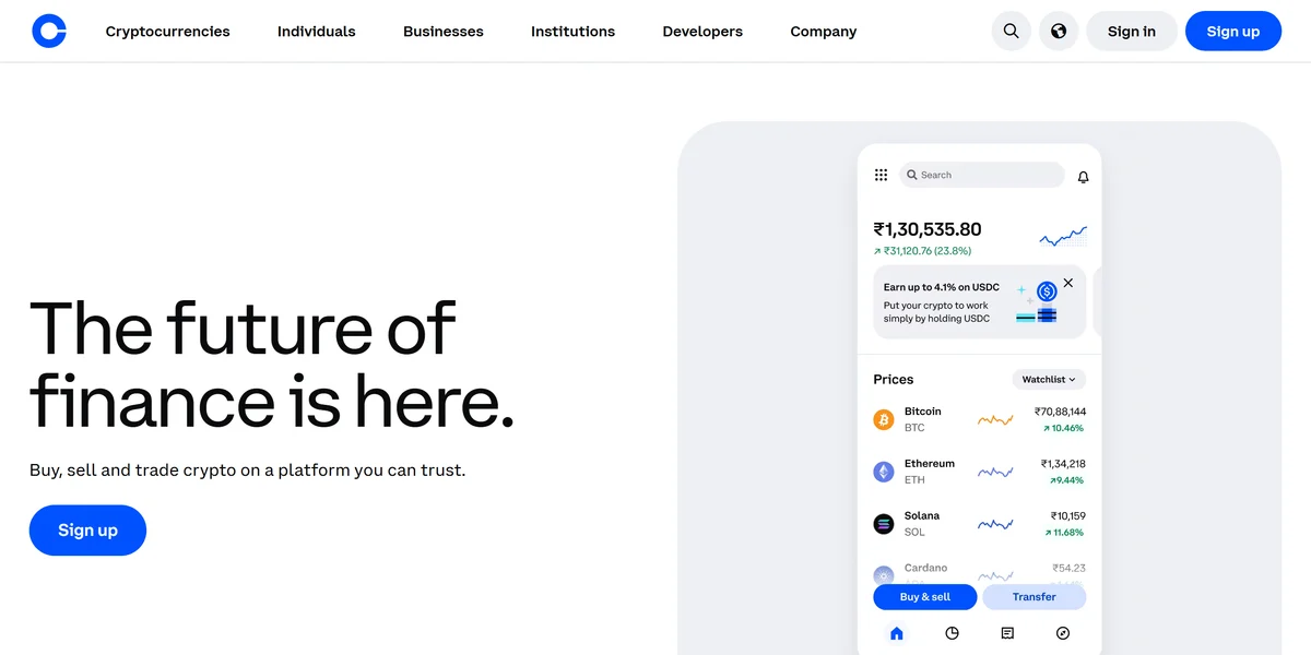 Coinbase homepage, a regulated app like Binance
