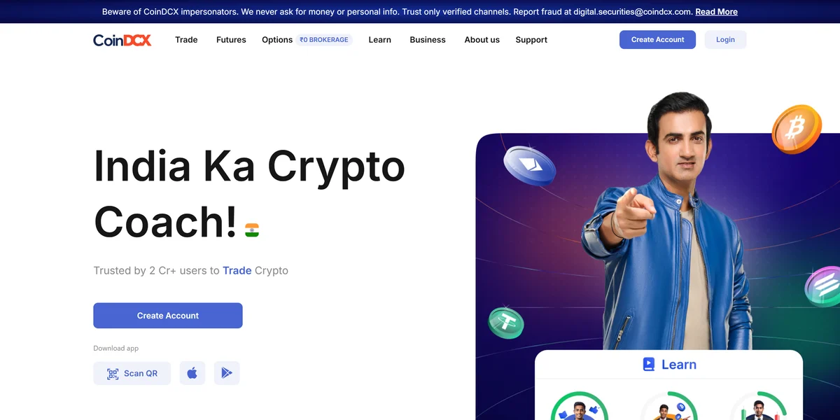 CoinDCX homepage in 2026, one of the best crypto exchanges in India compared in this guide
