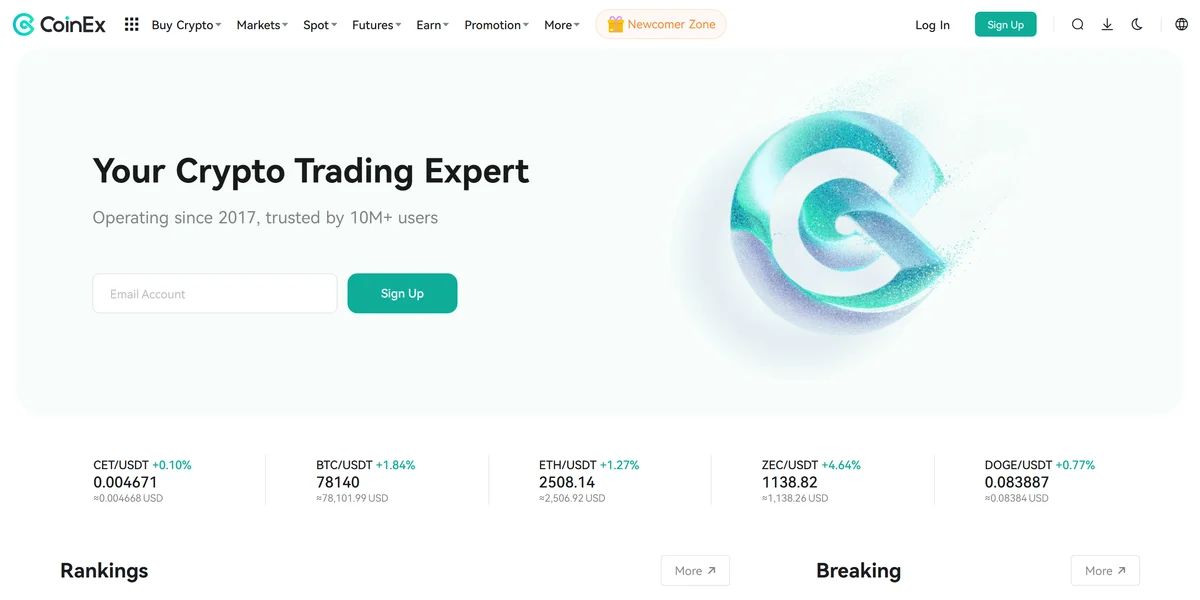 CoinEx homepage in 2026, one of the platforms listed as non-KYC crypto exchanges in this guide