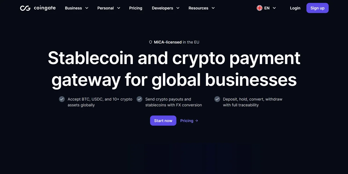 CoinGate homepage in 2026, one of the best crypto payment gateways compared in this guide