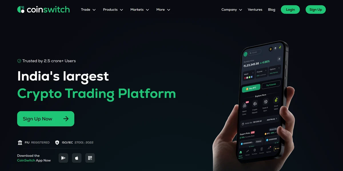 CoinSwitch homepage in 2026, one of the best crypto exchanges in India compared in this guide