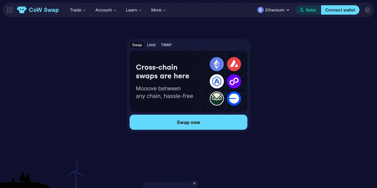 CoW Swap homepage, a DEX aggregator with batch auctions and MEV protection