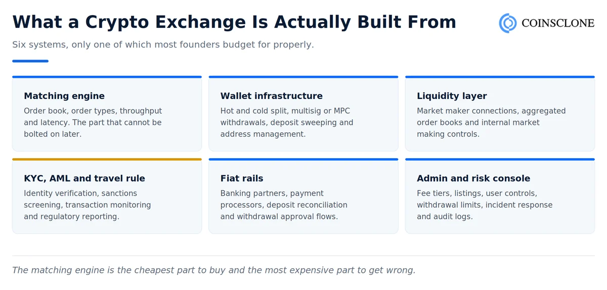 Crypto exchange technology stack covering the matching engine, wallets, liquidity layer, KYC and AML, fiat rails and admin console