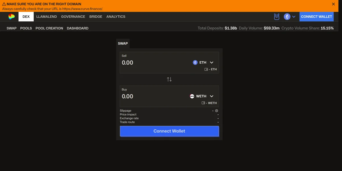 Curve Finance homepage, the decentralized exchange for stablecoin swaps