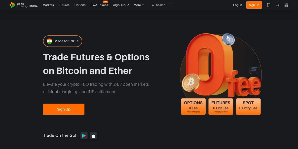 Delta Exchange homepage in 2026, one of the best crypto exchanges in India compared in this guide