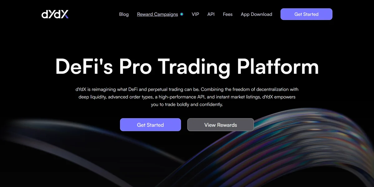 dYdX homepage, a decentralized derivatives exchange for pro traders