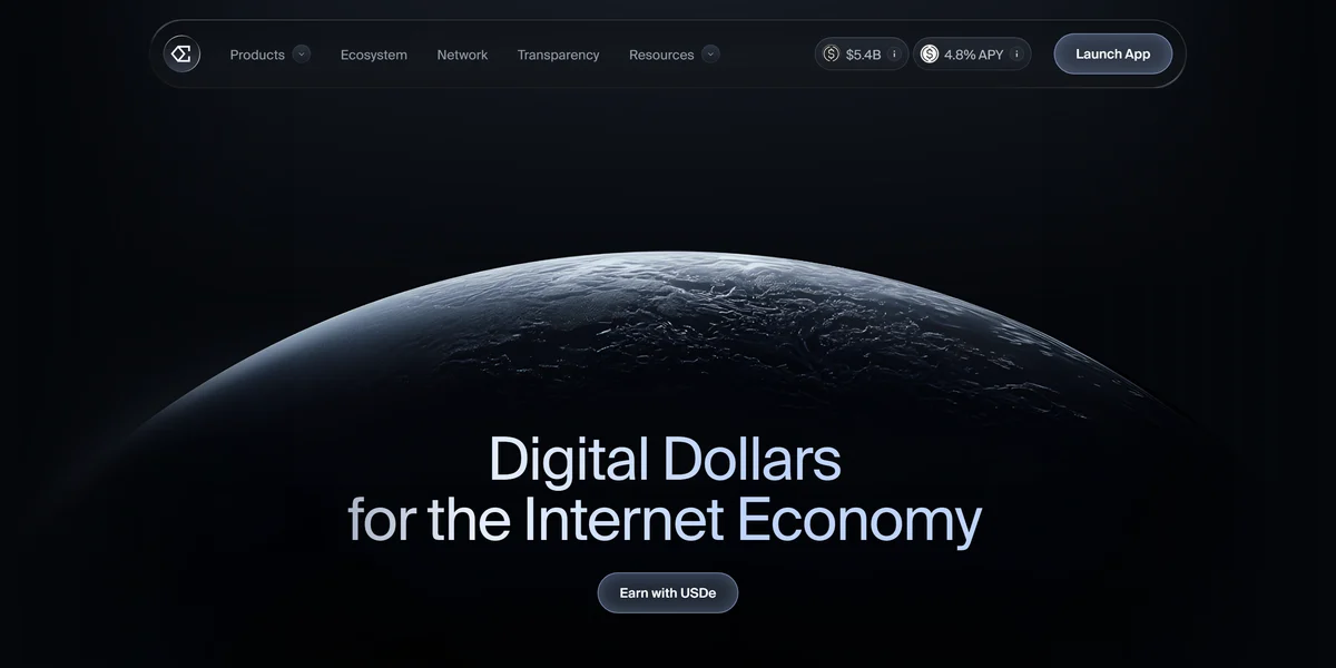 Ethena homepage showing USDe and sUSDe staking yield