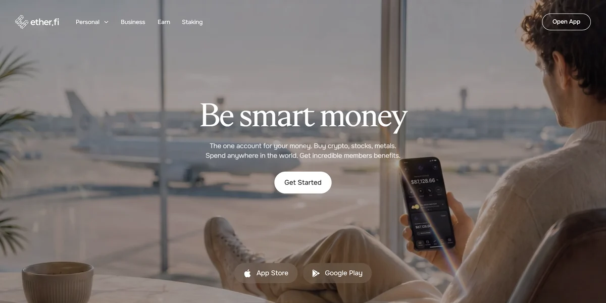 ether.fi homepage, a DeFi staking platform for liquid ETH staking and restaking