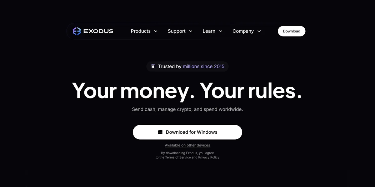 Exodus homepage in 2026, one of the best crypto wallets compared in this guide