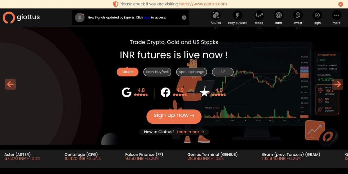 Giottus homepage in 2026, one of the best crypto exchanges in India compared in this guide