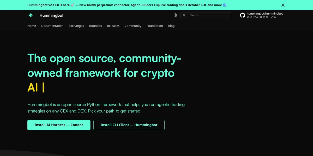Hummingbot homepage, the open source crypto arbitrage bot framework