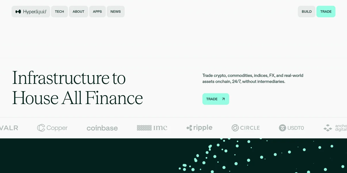 Hyperliquid homepage, a low-fee decentralized exchange