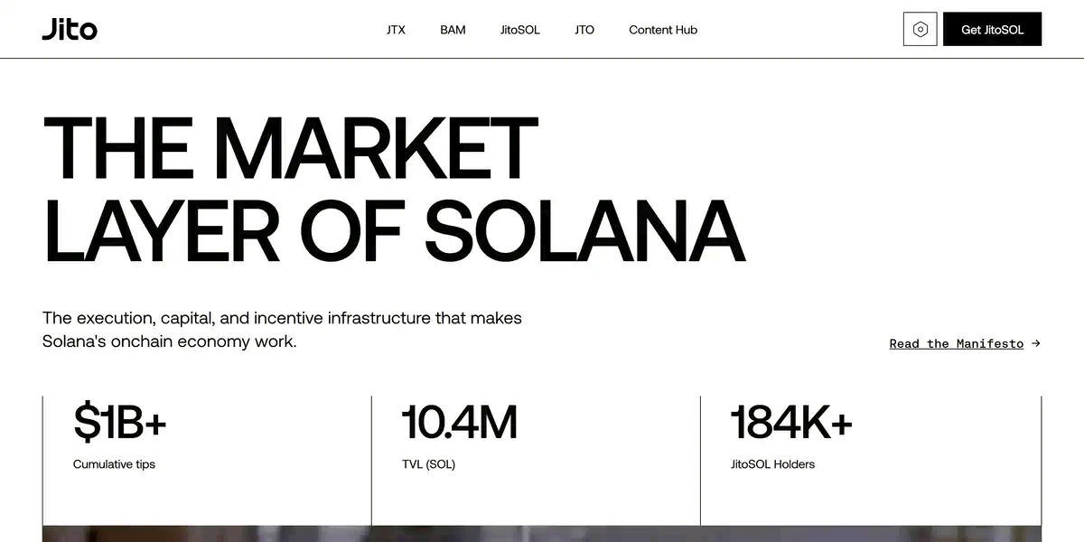 Jito homepage showing JitoSOL, the leading DeFi staking platform for Solana