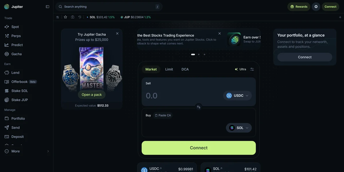 Jupiter homepage in 2026, one of the platforms listed as non-KYC crypto exchanges in this guide