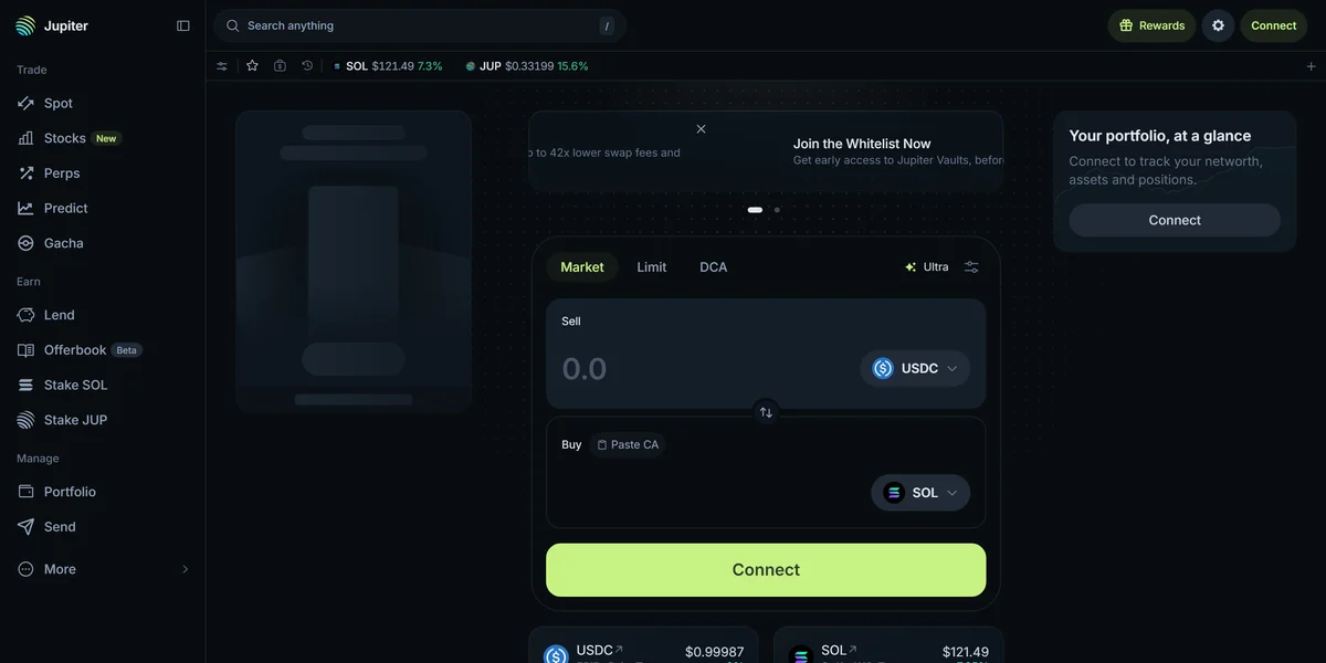 Jupiter homepage, the leading DEX aggregator on Solana