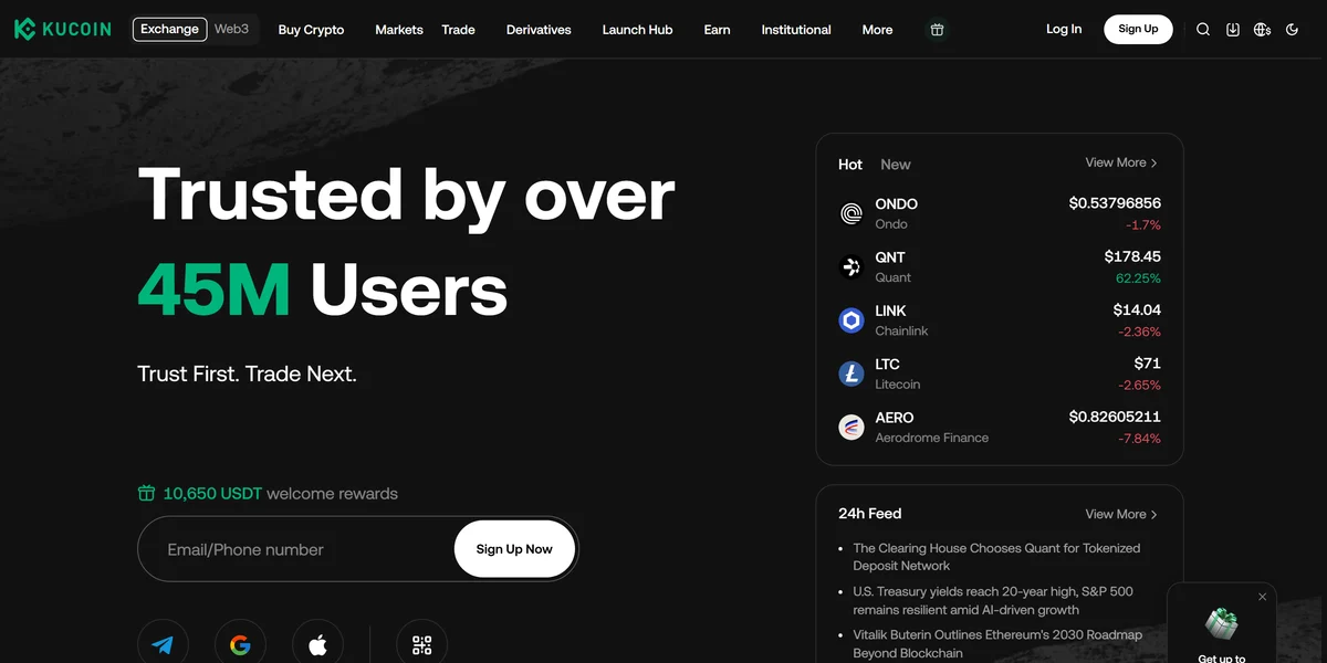 KuCoin homepage, a low-fee crypto exchange