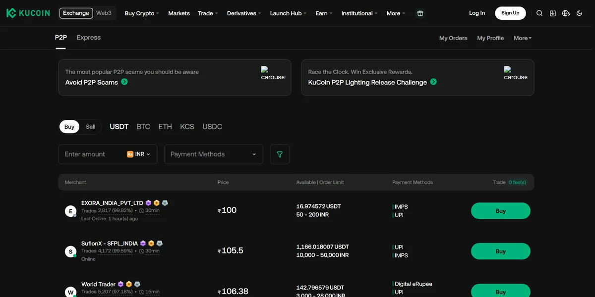 KuCoin P2P homepage in 2026, one of the top P2P crypto exchanges compared in this guide