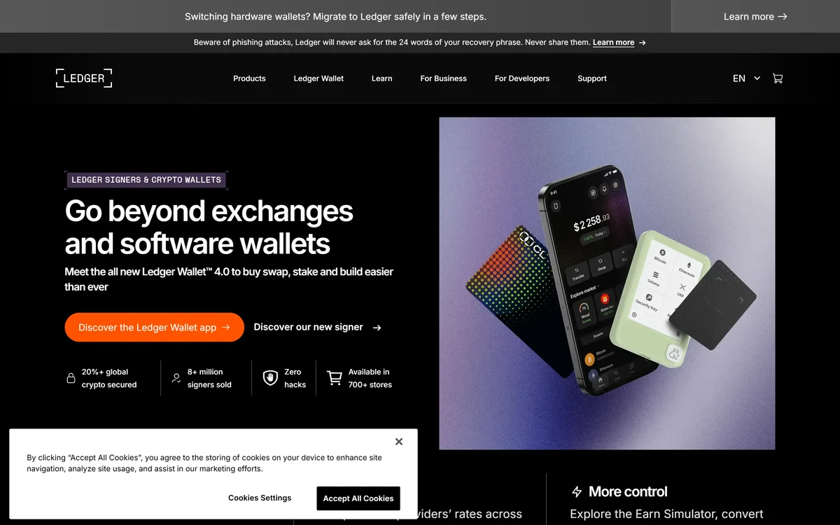 Ledger homepage in 2026, one of the best crypto wallets compared in this guide