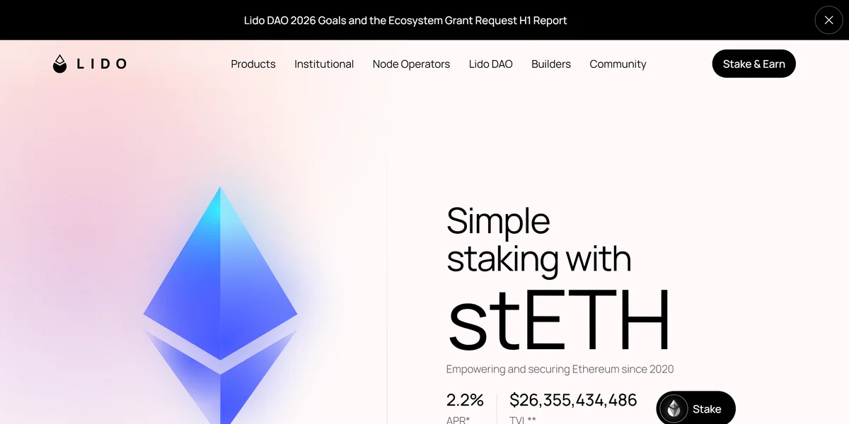 Lido liquid staking homepage for stETH