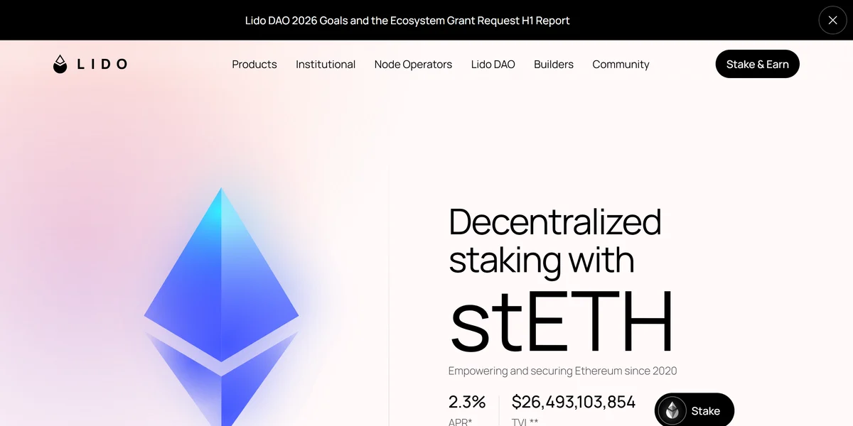 Lido homepage in 2026 showing stETH liquid staking, the largest of the best DeFi staking platforms