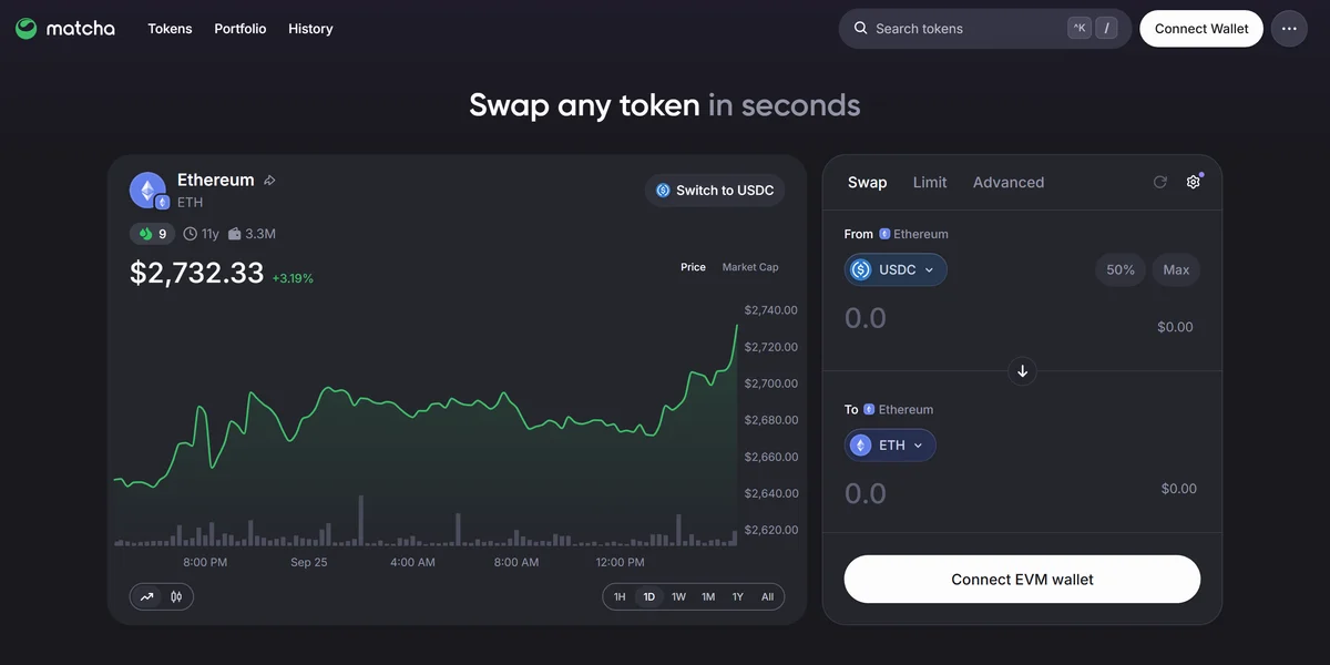 Matcha homepage, the DEX aggregator built on 0x