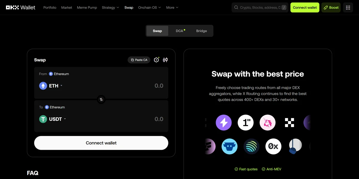 OKX DEX homepage, an aggregator of DEXs and other aggregators