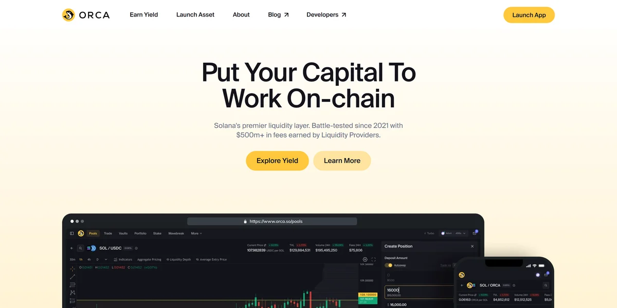 Orca homepage, a concentrated liquidity decentralized exchange on Solana
