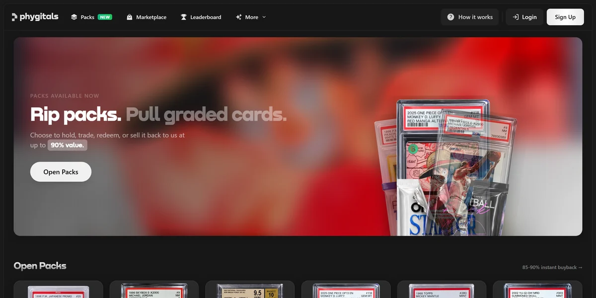 Phygitals homepage, selling digital packs of real graded trading cards