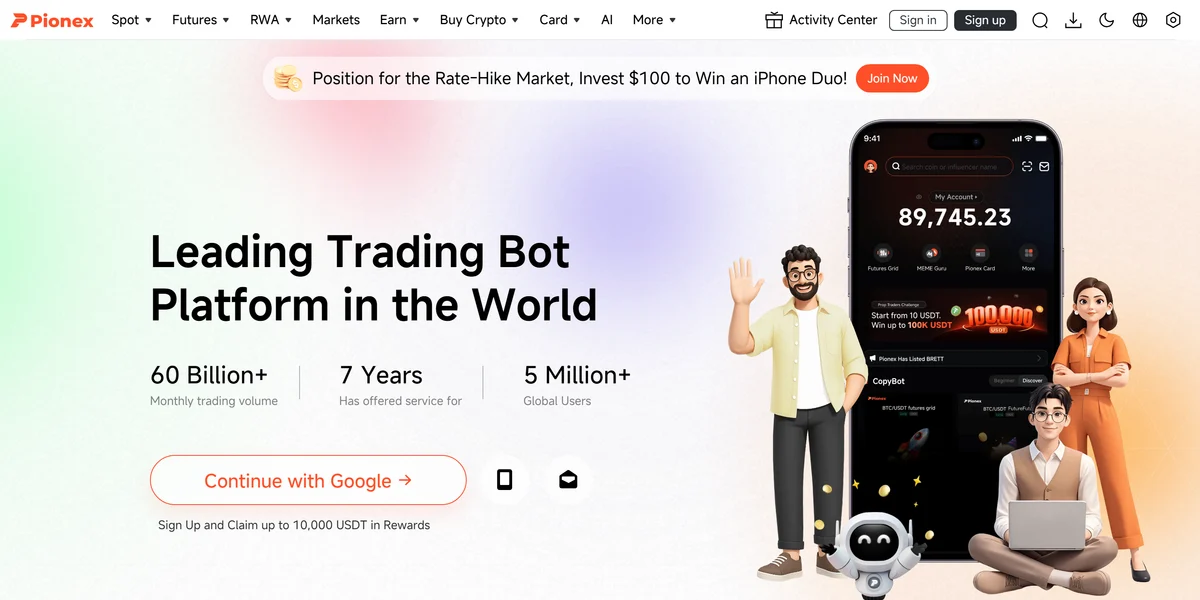 Pionex homepage, the exchange behind the spot-futures arbitrage bot